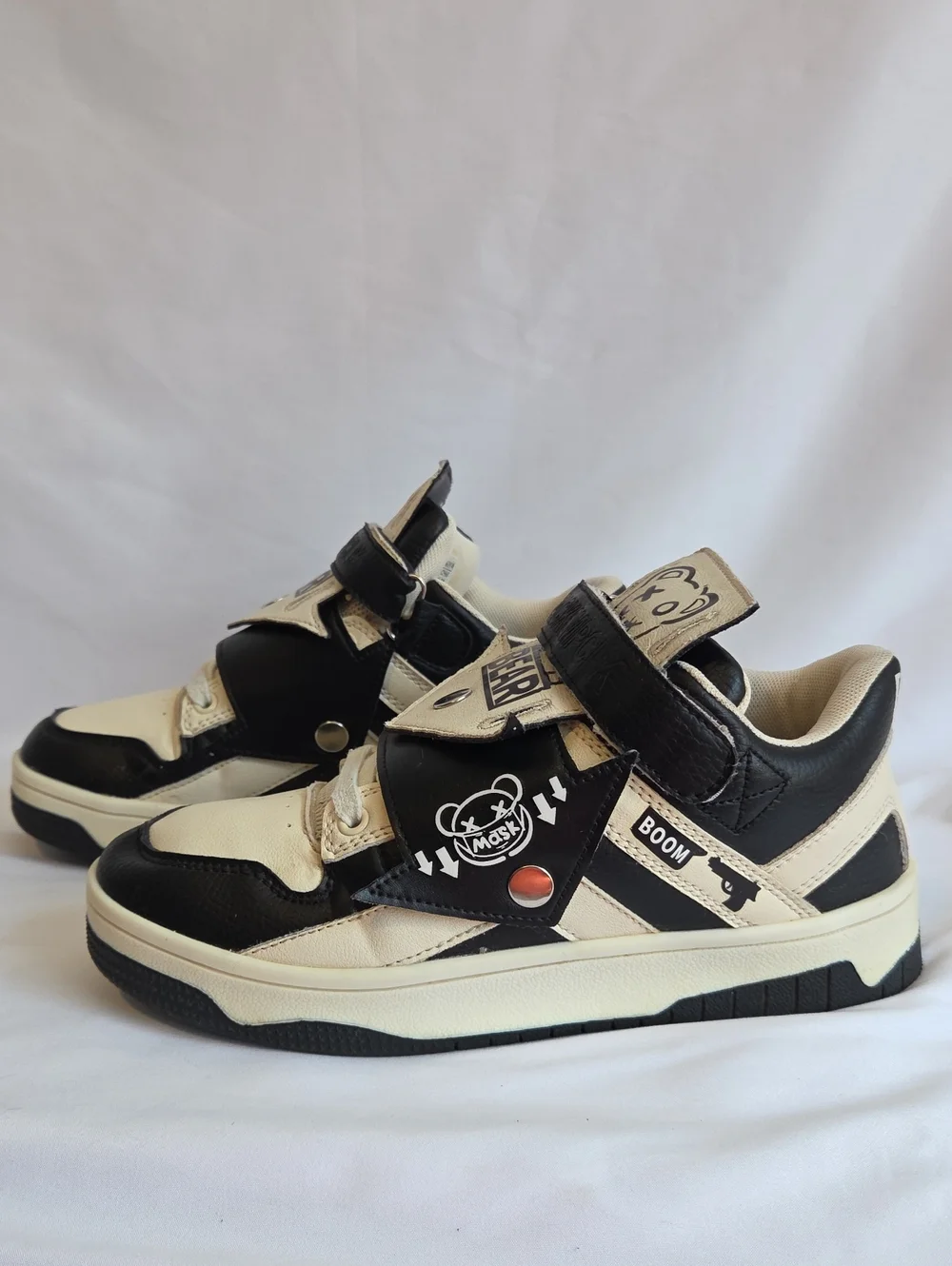 Kids Black and Cream Graphic Strap Sneakers